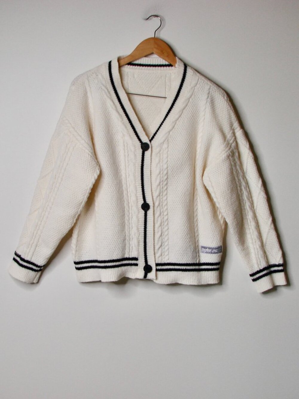 Cable Knit Cardigan Sweater Cream Oversized Varsity Folklore Stars Small Medium
